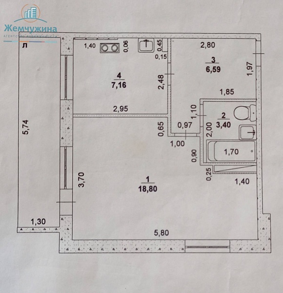 1-к квартира, 36 кв.м.