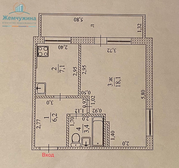 1-к квартира, 34 кв.м.