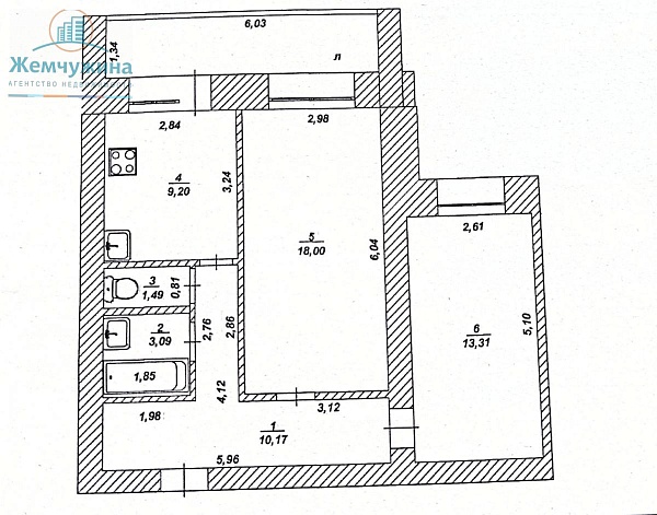 2-к квартира, 55 кв.м.